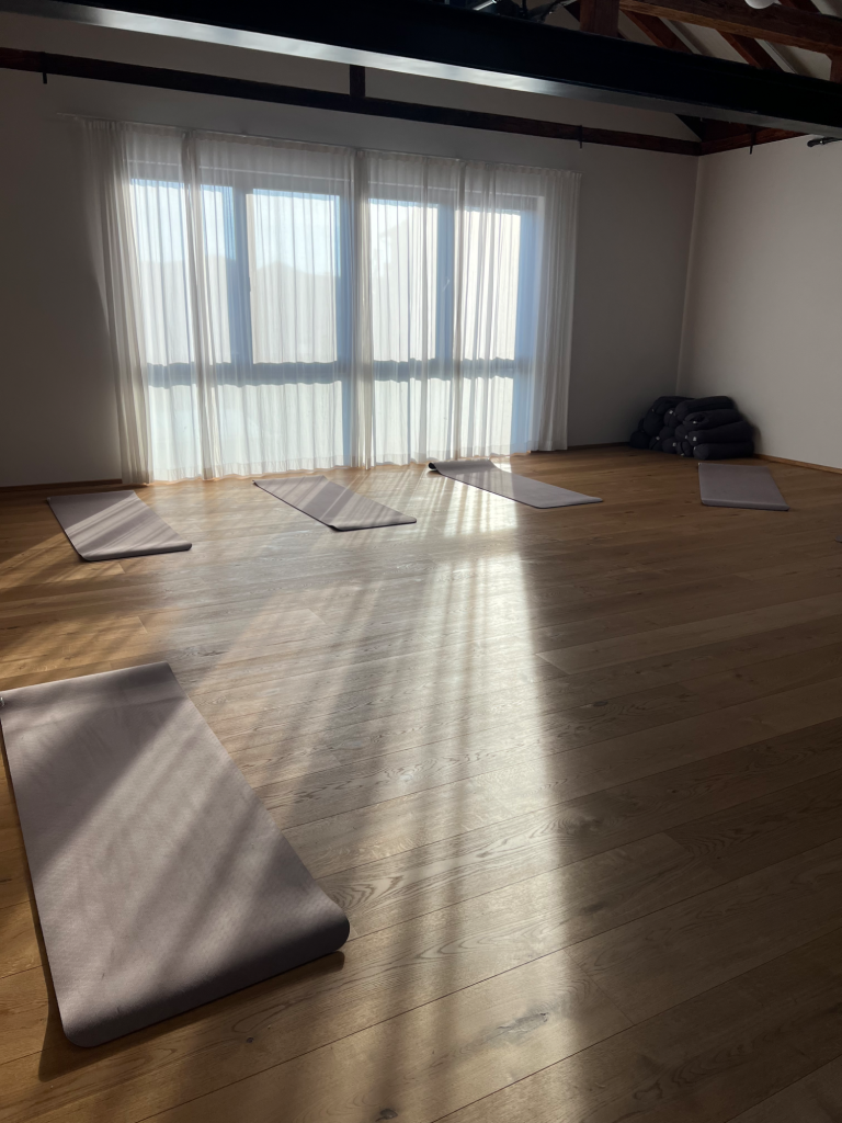 Ein heller Yogaraum mit mehreren Matten auf dem Holzfußboden und Fenstern im Hintergrund.